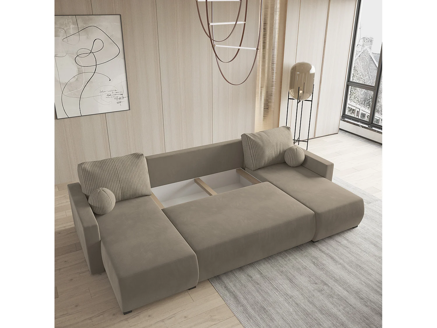 Hoekbank TESSUN van fluweel met slaapfunctie Beige