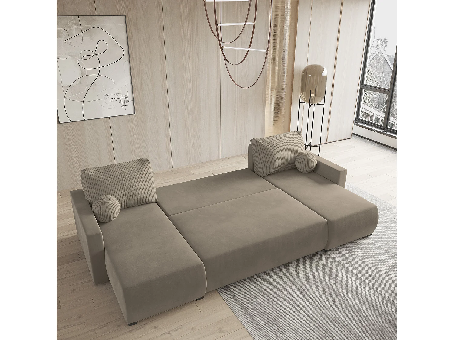 Hoekbank TESSUN van fluweel met slaapfunctie Beige