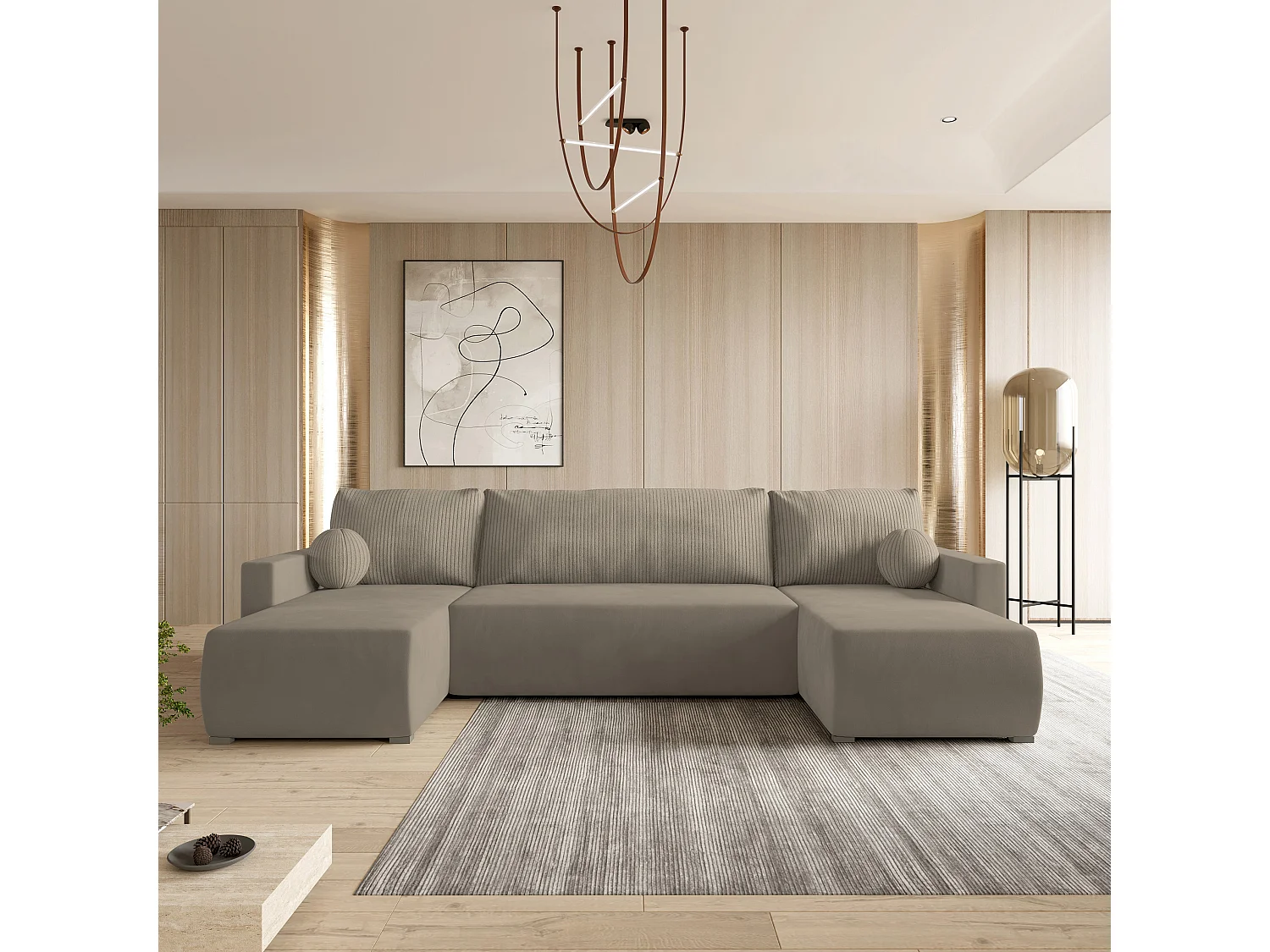 Hoekbank TESSUN van fluweel met slaapfunctie Beige