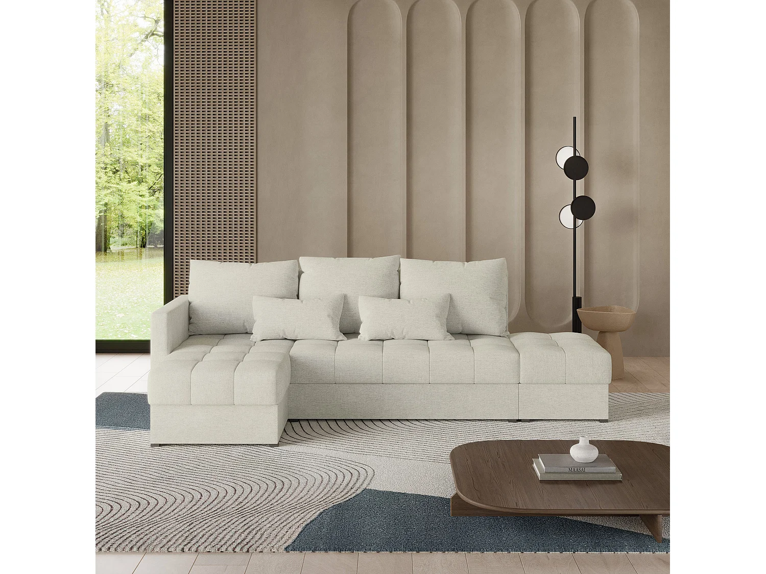 Hoekbank LUMARI van fluweel met slaapfunctie Creme