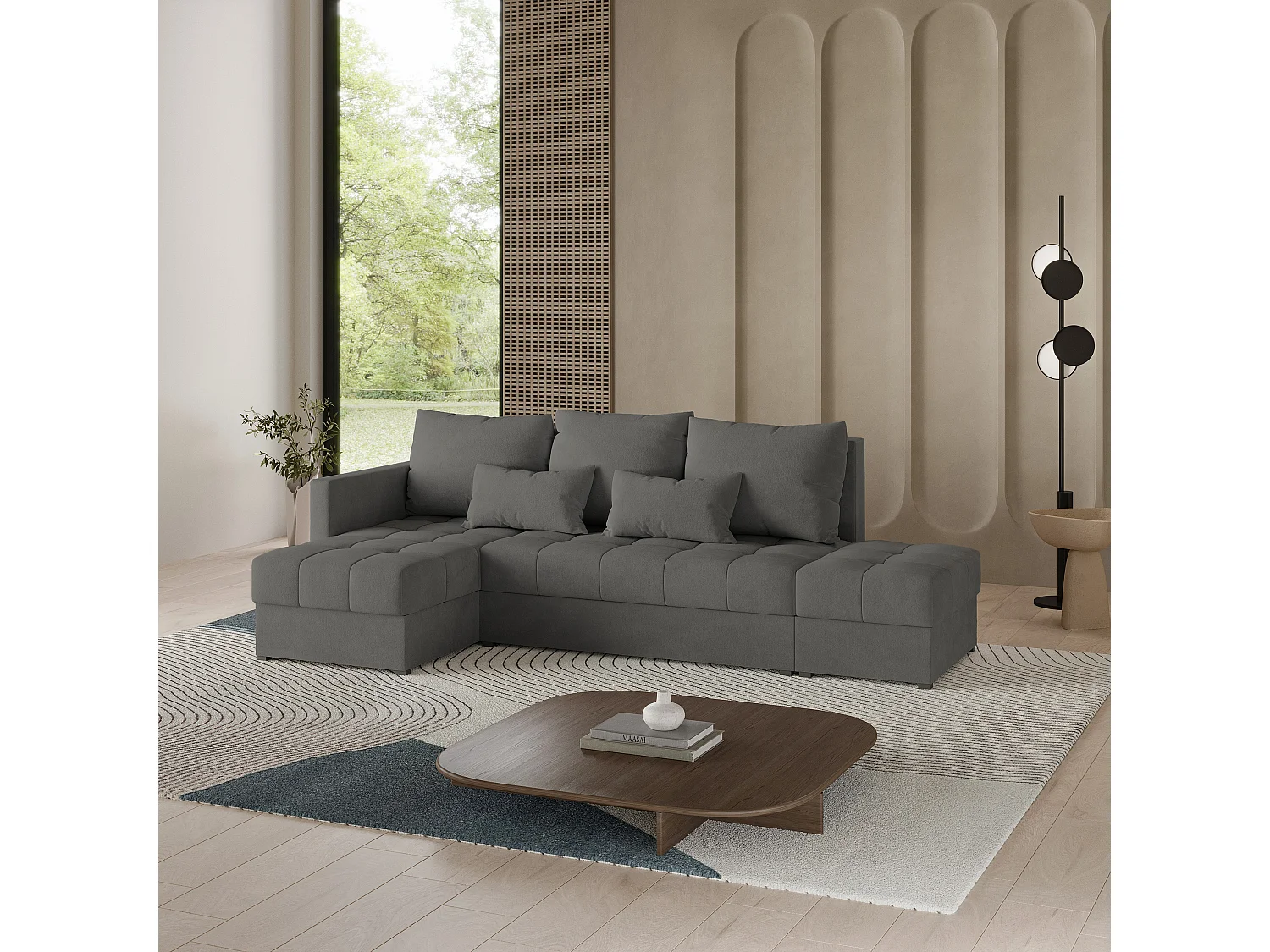 Canapé d'angle LUMARI en velours avec fonction couchage Gris