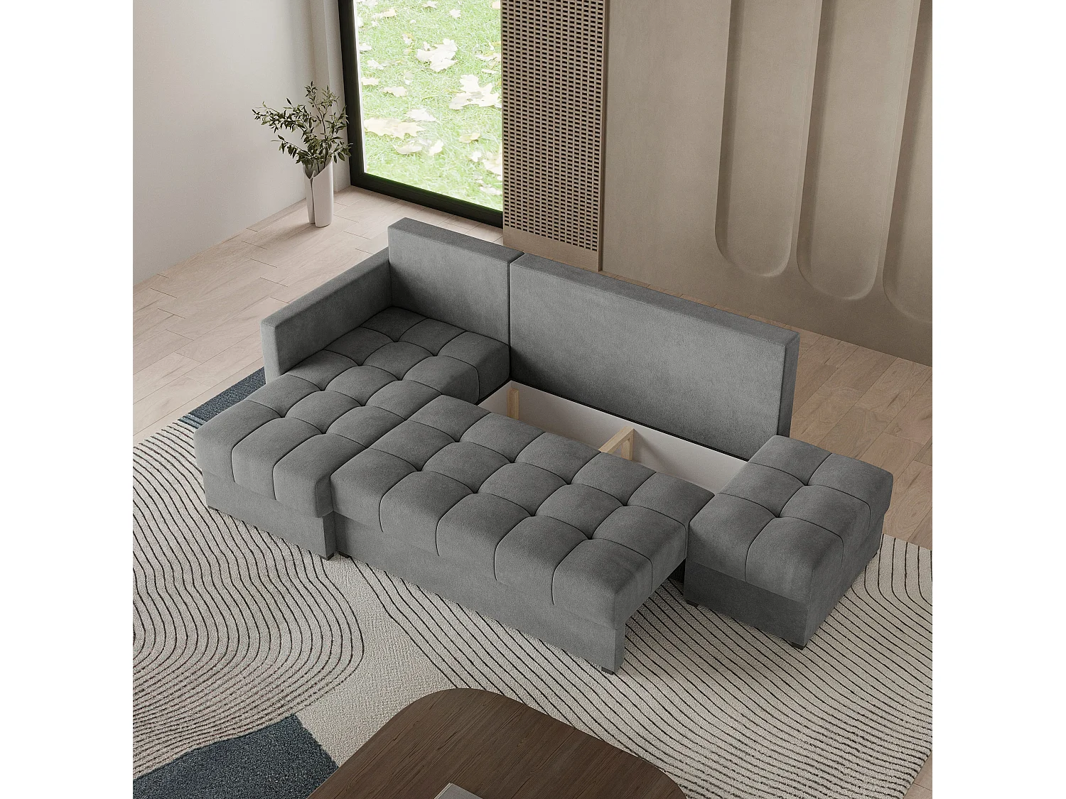 Canapé d'angle LUMARI en velours avec fonction couchage Gris