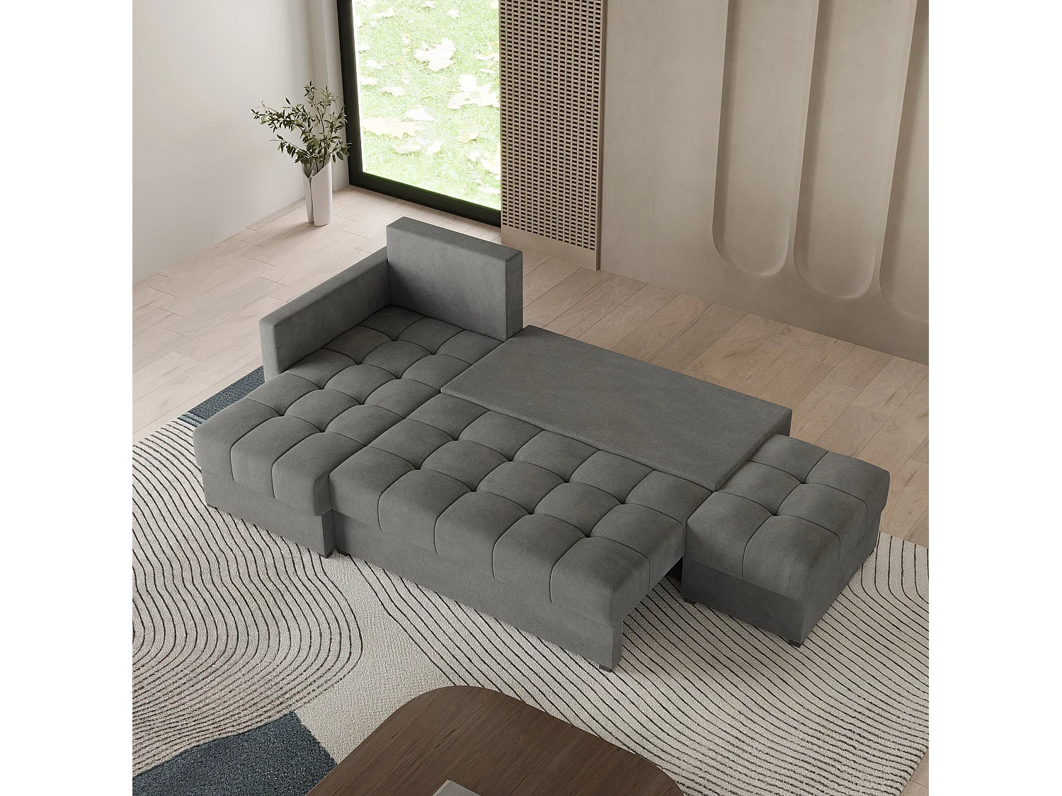 Canapé d'angle LUMARI en velours avec fonction couchage Gris