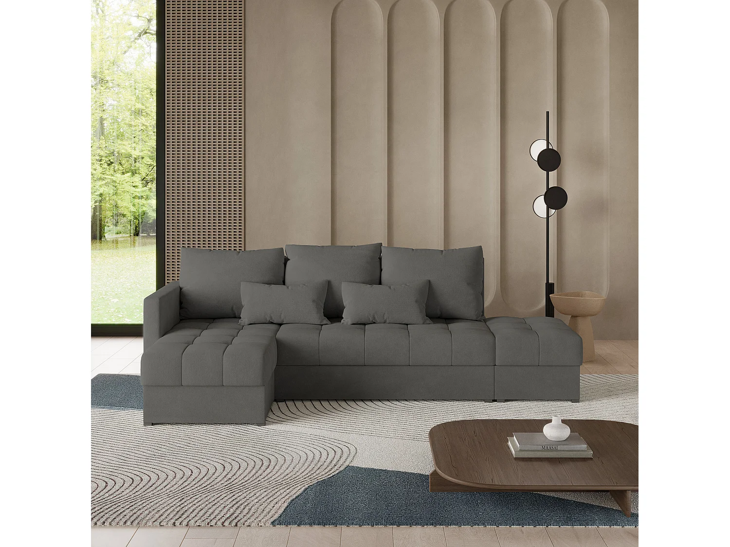 Canapé d'angle LUMARI en velours avec fonction couchage Gris