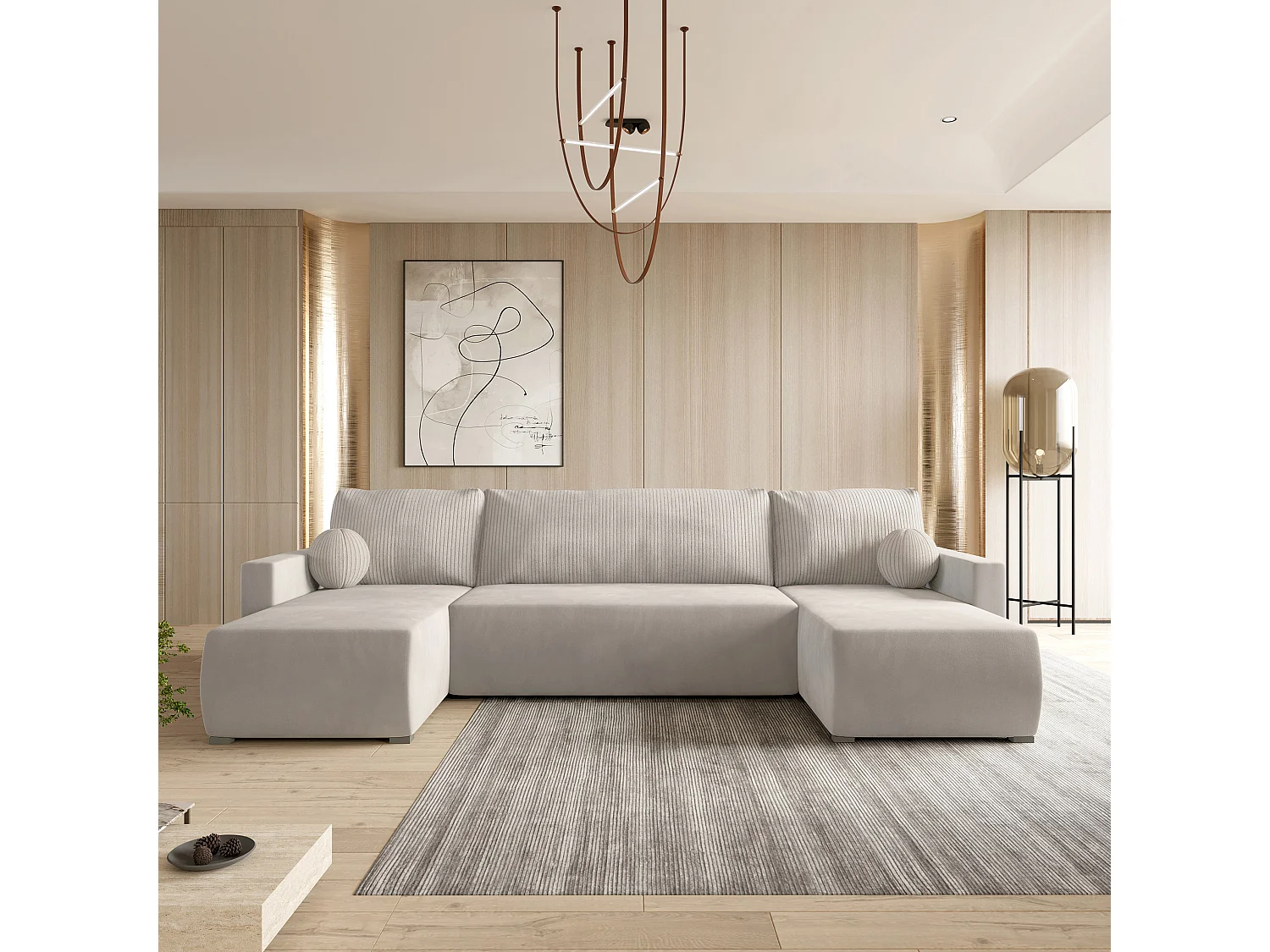 Hoekbank TESSUN van fluweel met slaapfunctie Creme
