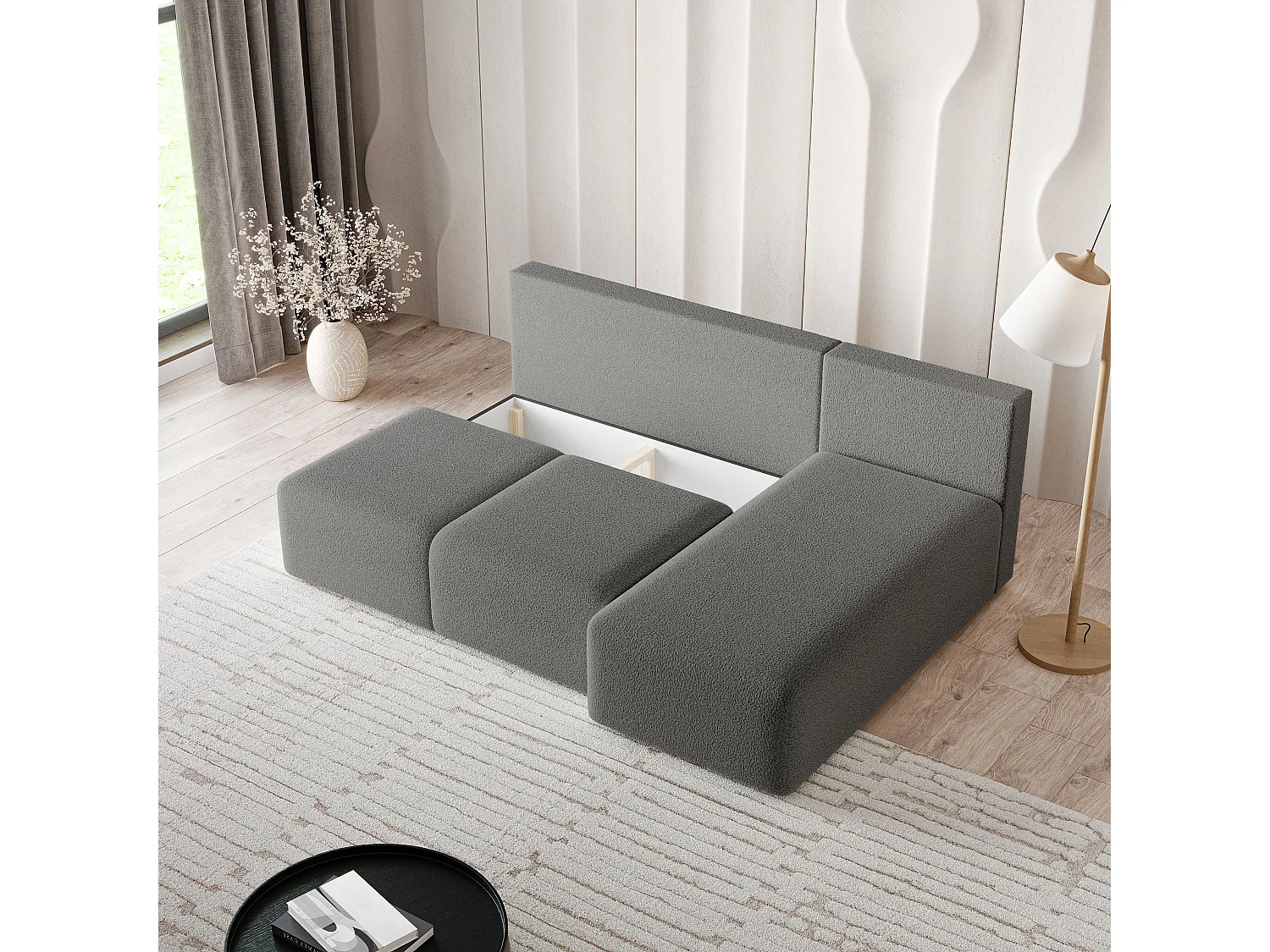 Canapé d'angle TRAMA en velours avec fonction couchage Gris