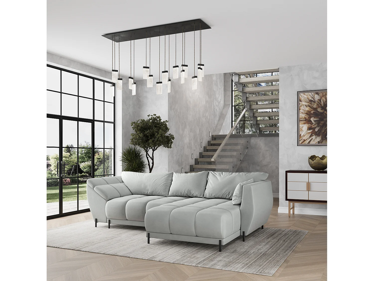 Canapé d'angle VESTANO en velours avec fonction couchage Gris clair