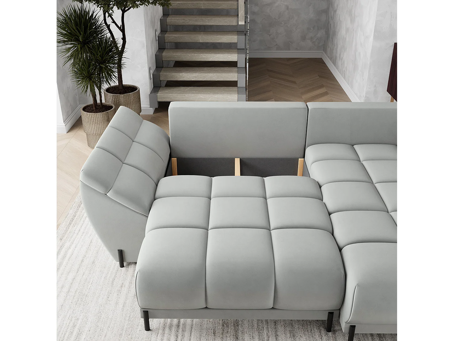 Canapé d'angle VESTANO en velours avec fonction couchage Gris clair