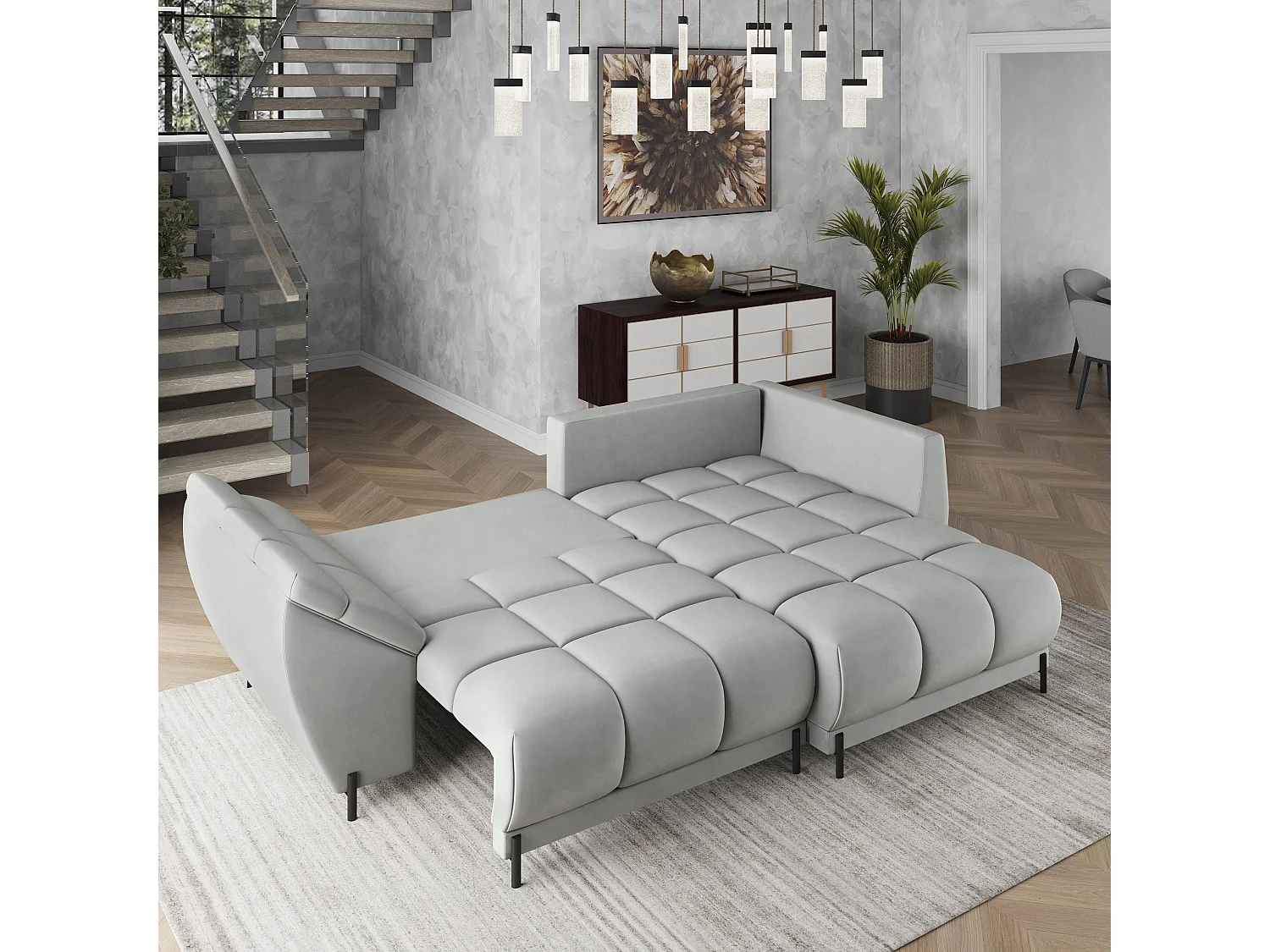 Canapé d'angle VESTANO en velours avec fonction couchage Gris clair