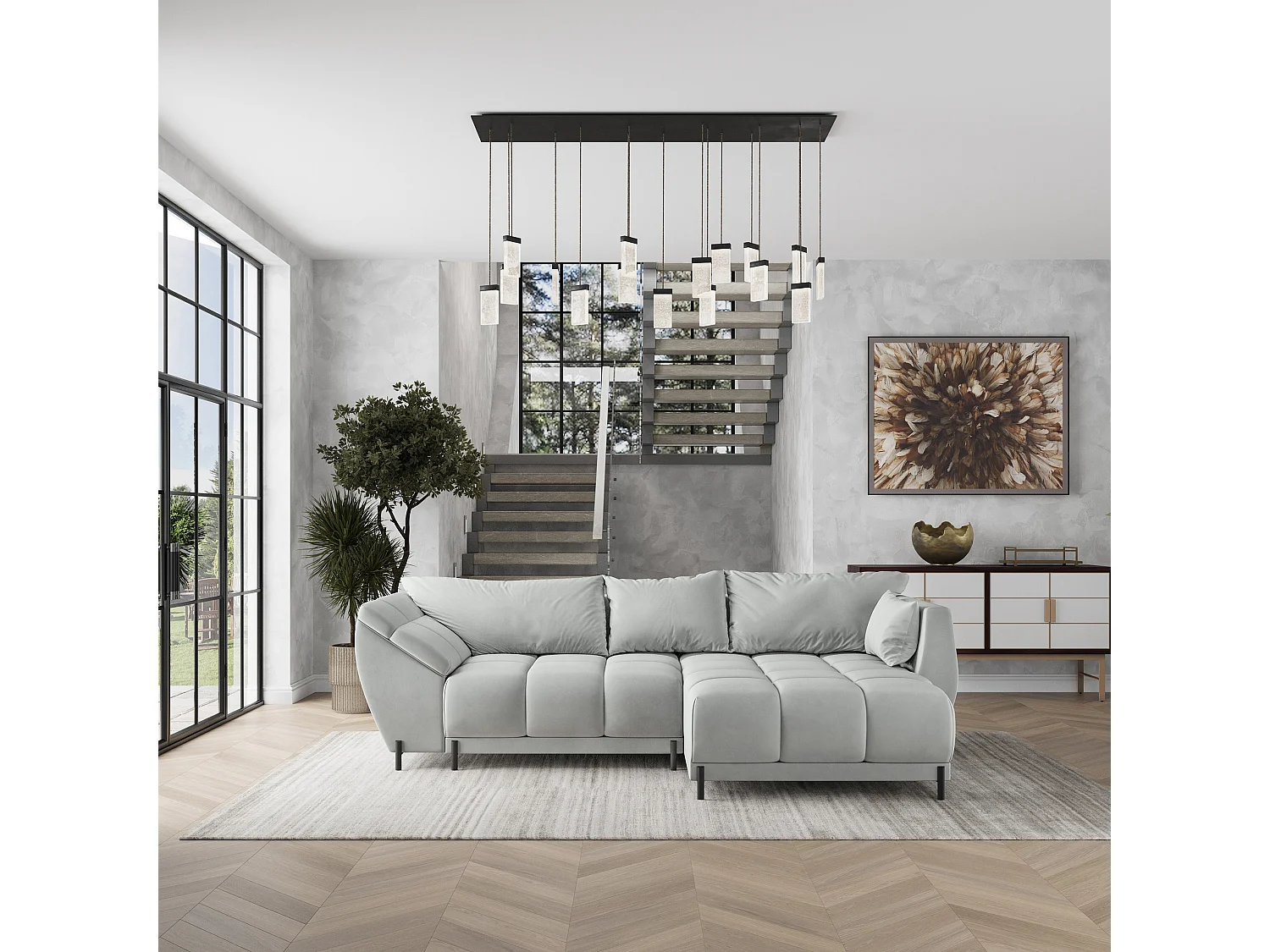 Canapé d'angle VESTANO en velours avec fonction couchage Gris clair