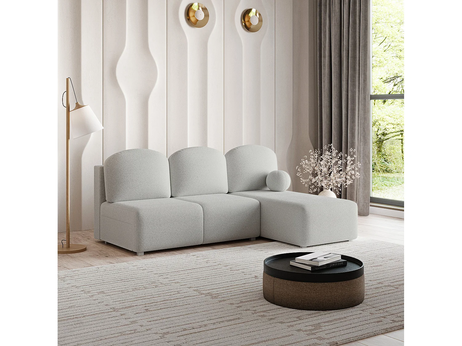 Canapé d'angle TRAMA en velours avec fonction couchage Gris clair