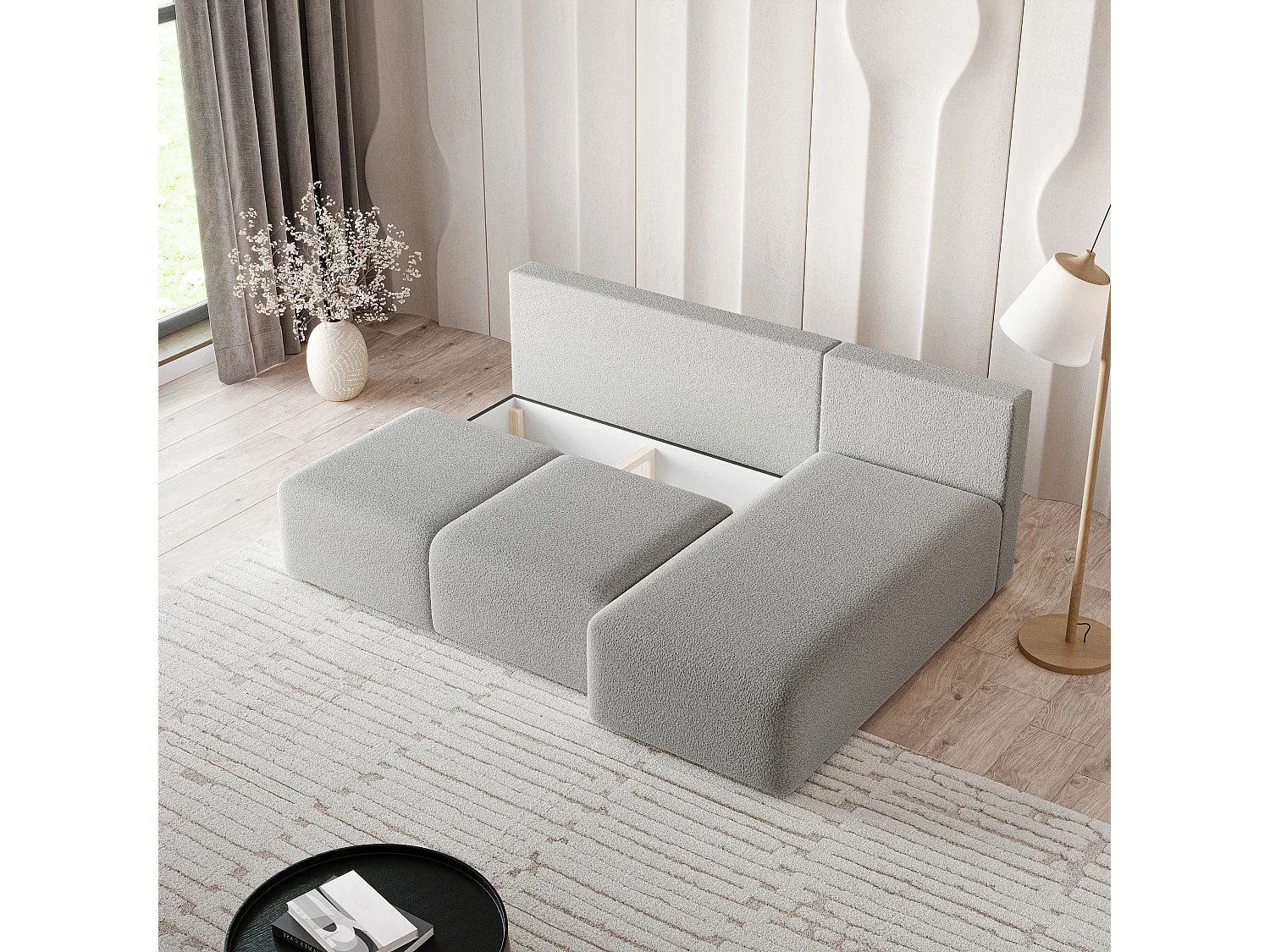 Canapé d'angle TRAMA en velours avec fonction couchage Gris clair