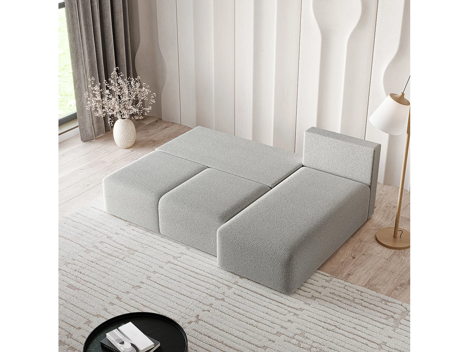 Canapé d'angle TRAMA en velours avec fonction couchage Gris clair