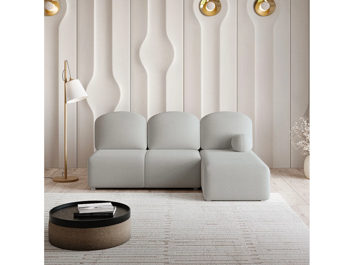 Canapé d'angle TRAMA en velours avec fonction couchage Gris clair