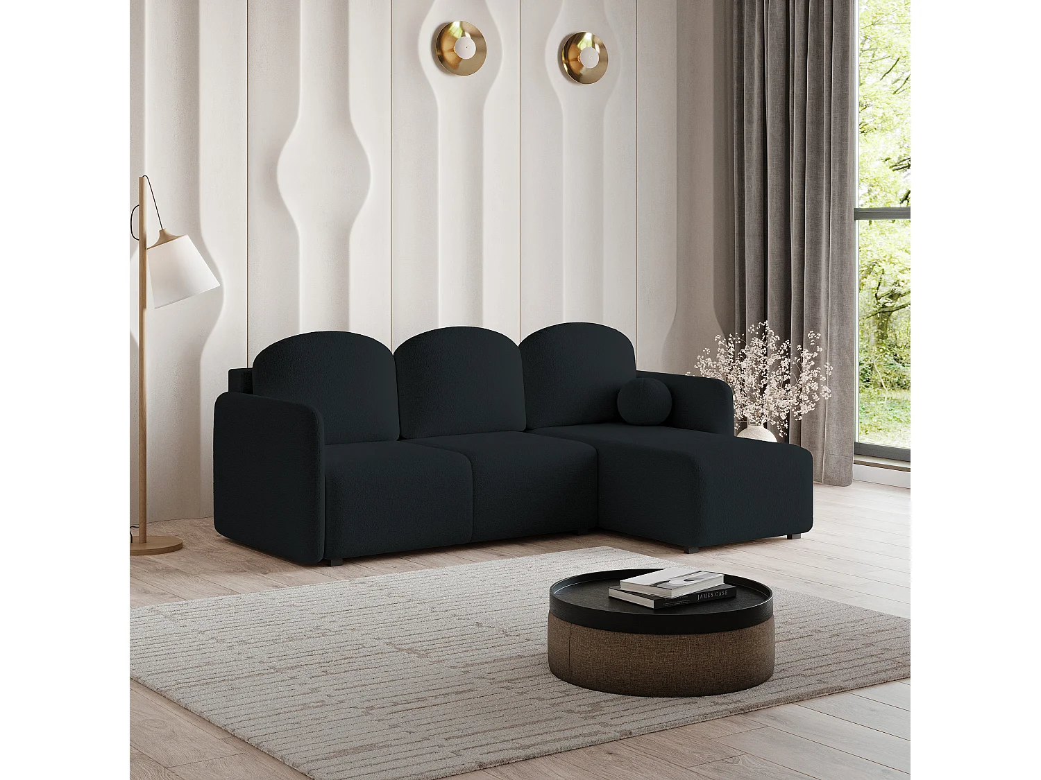 Canapé d'angle SUVINO en velours avec fonction couchage Noir