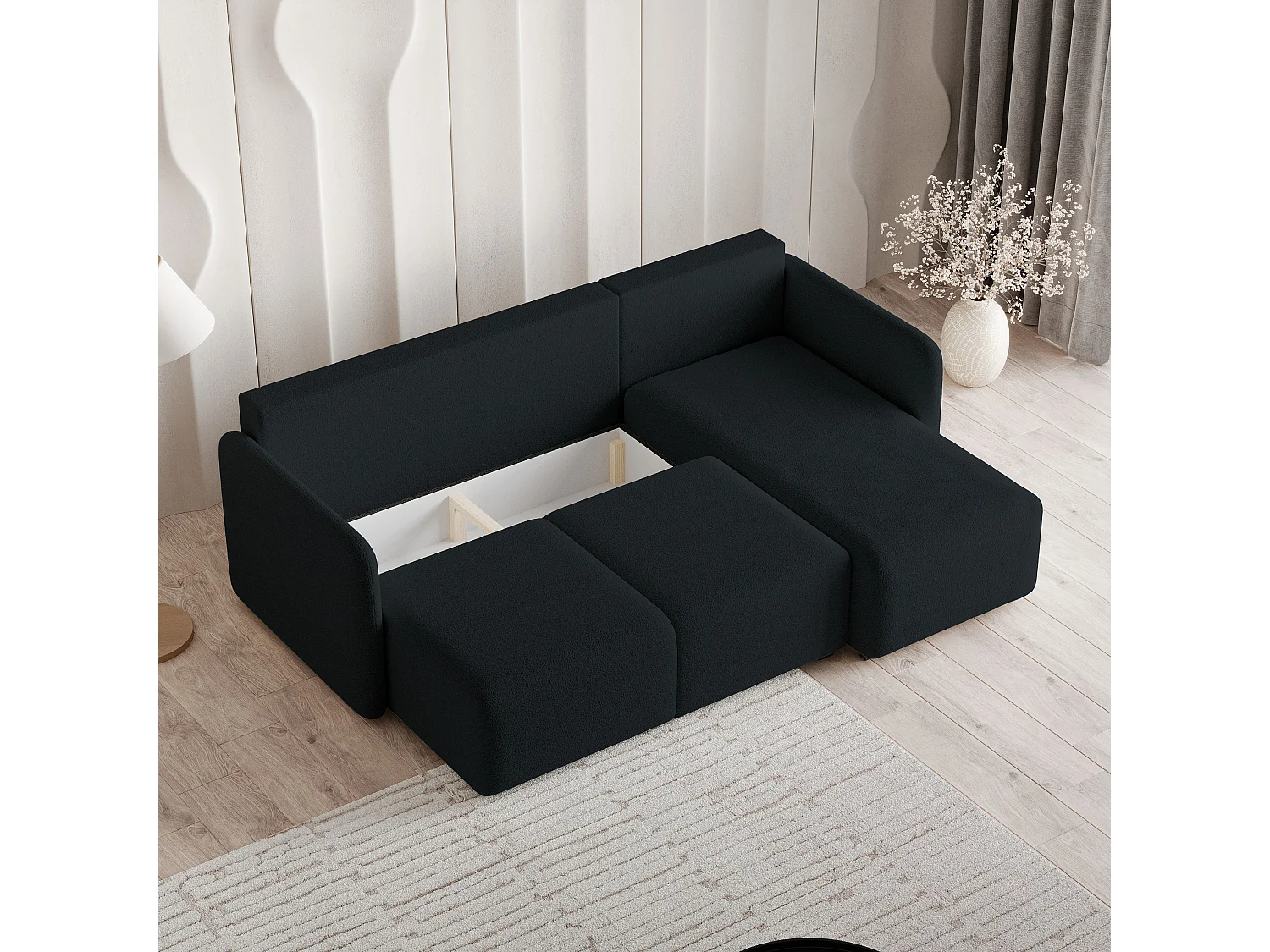 Canapé d'angle SUVINO en velours avec fonction couchage Noir