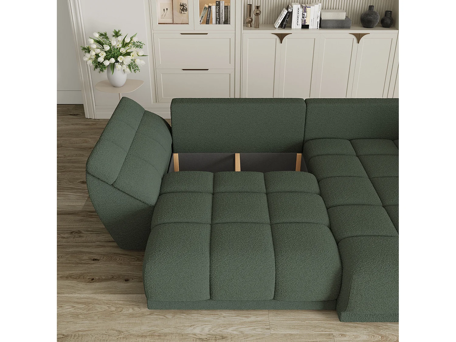 Canapé d'angle ORENTI en velours avec fonction couchage Vert
