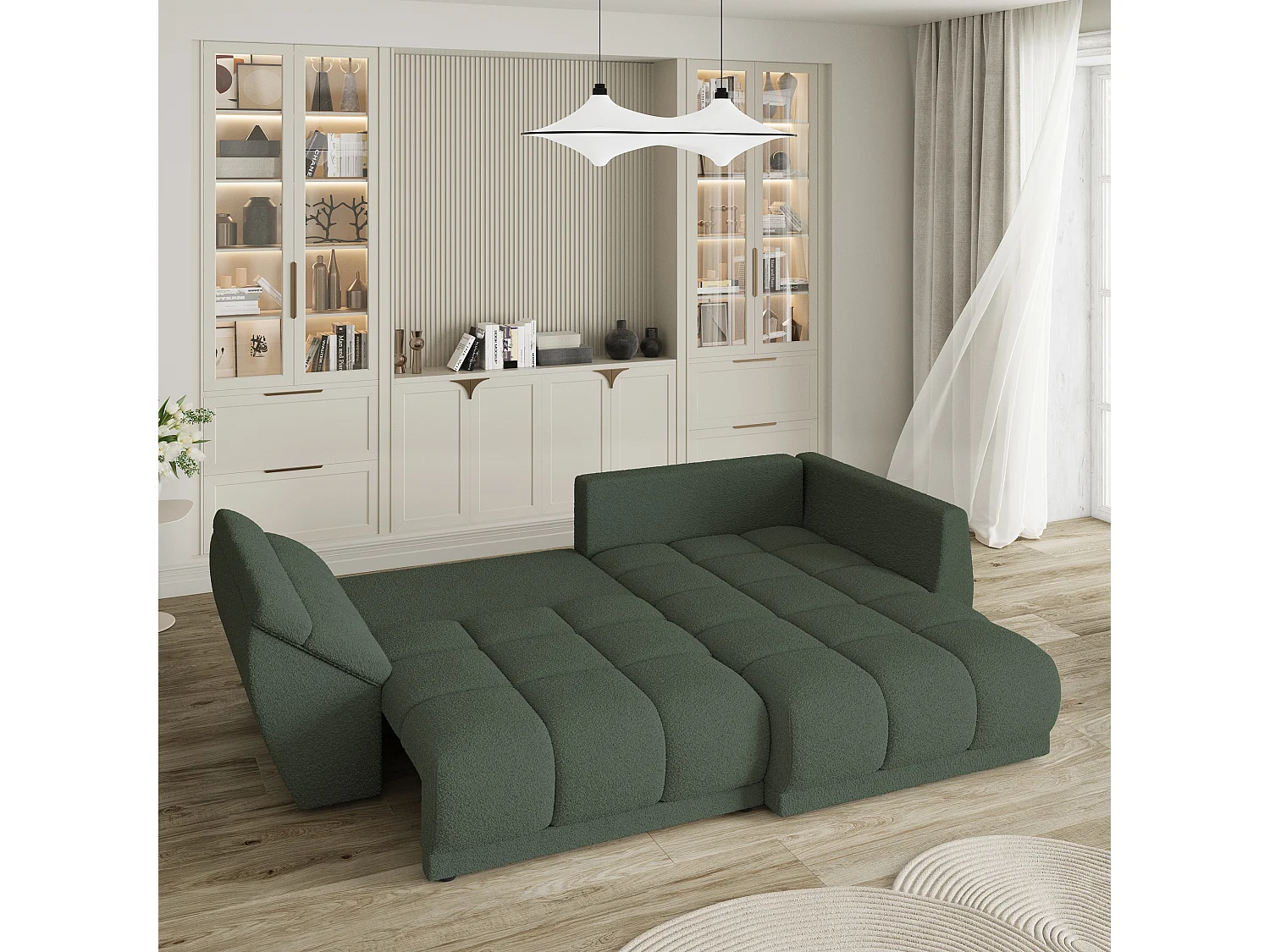 Canapé d'angle ORENTI en velours avec fonction couchage Vert