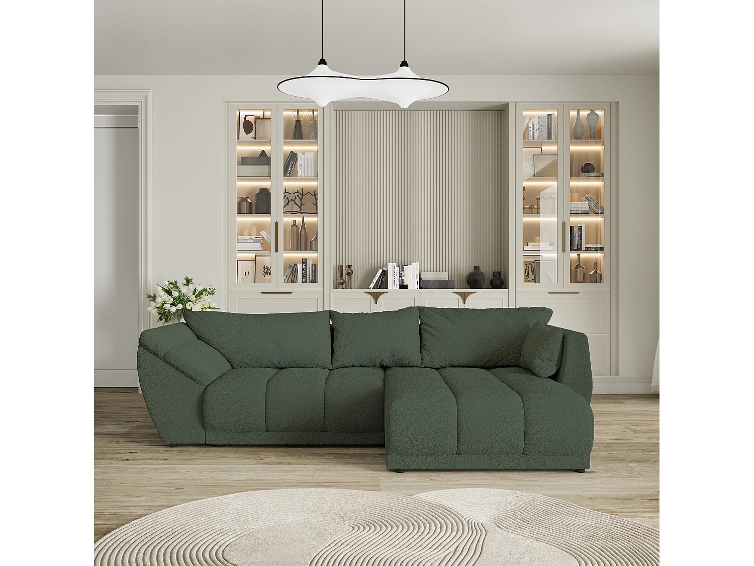 Canapé d'angle ORENTI en velours avec fonction couchage Vert