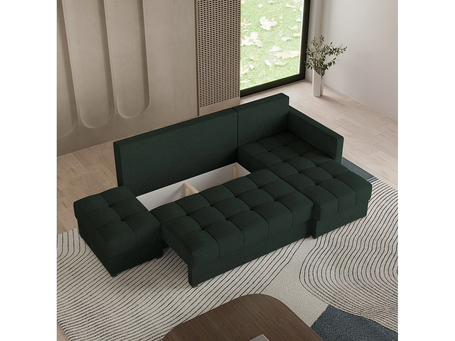 Canapé d'angle LUMARI en velours avec fonction couchage Vert