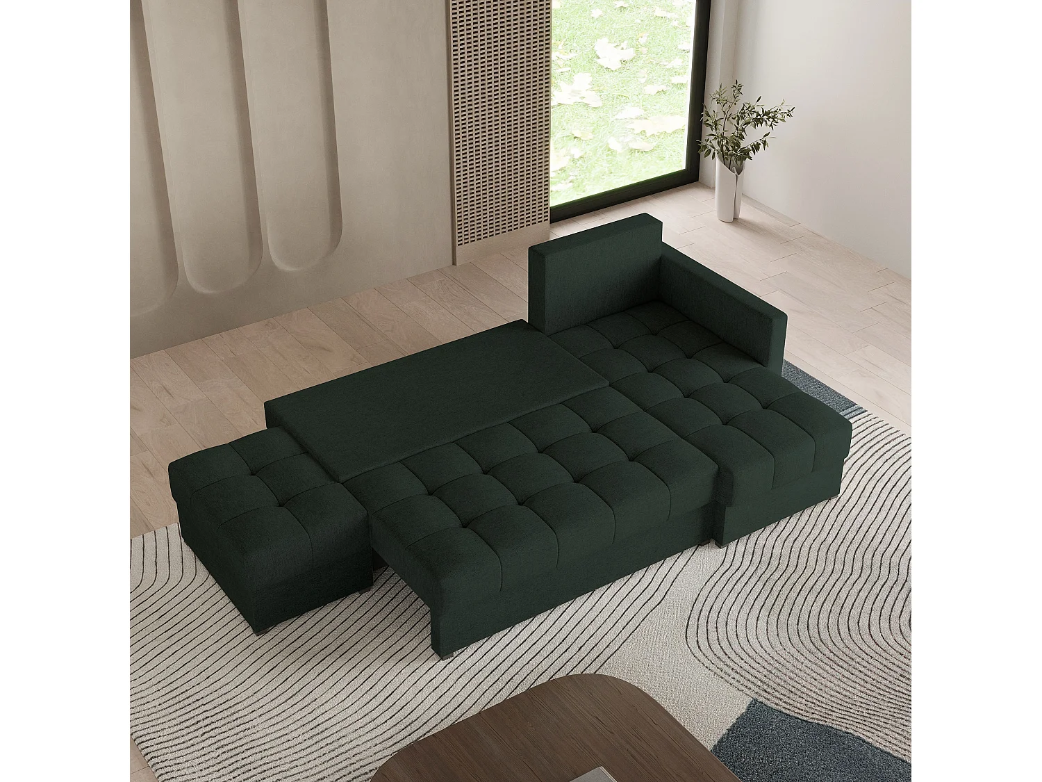 Canapé d'angle LUMARI en velours avec fonction couchage Vert