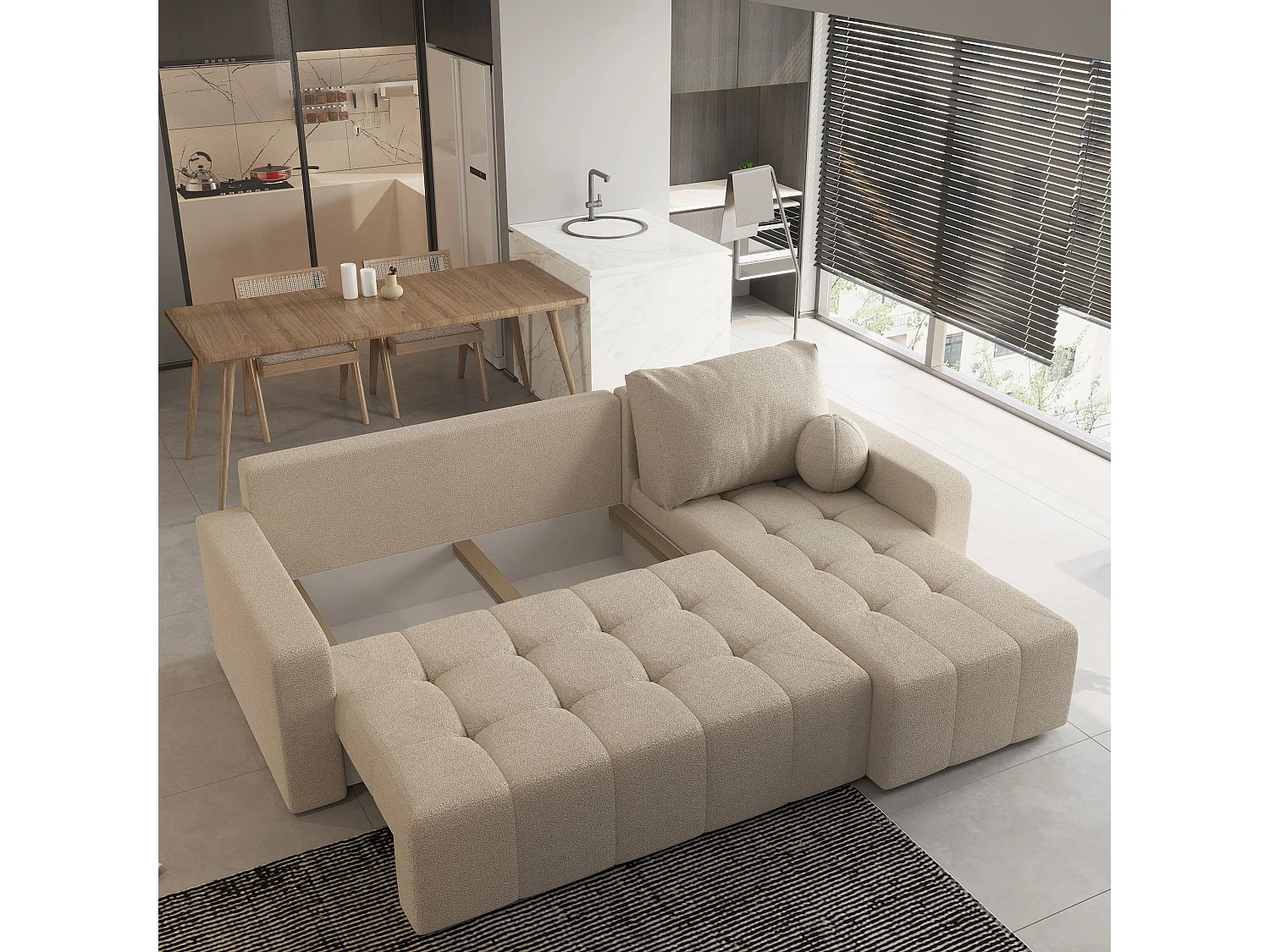 Hoekbank VOLIRA van fluweel met slaapfunctie Beige