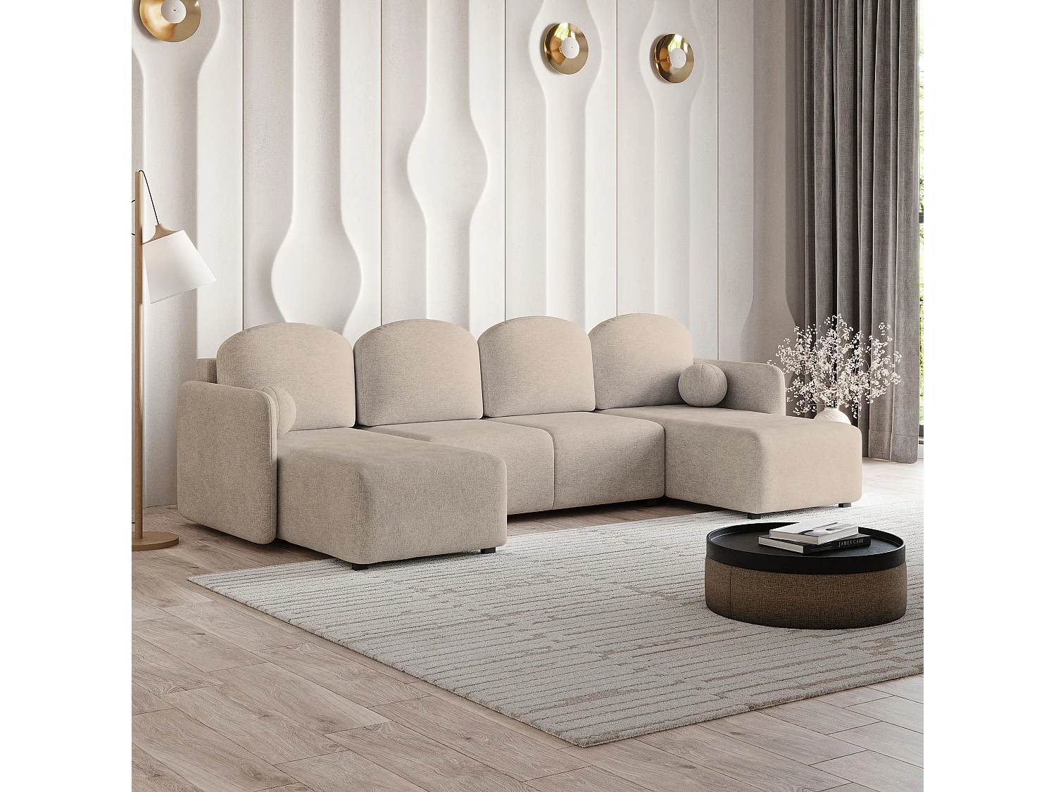 Canapé d'angle NUBERO en velours avec fonction couchage Beige