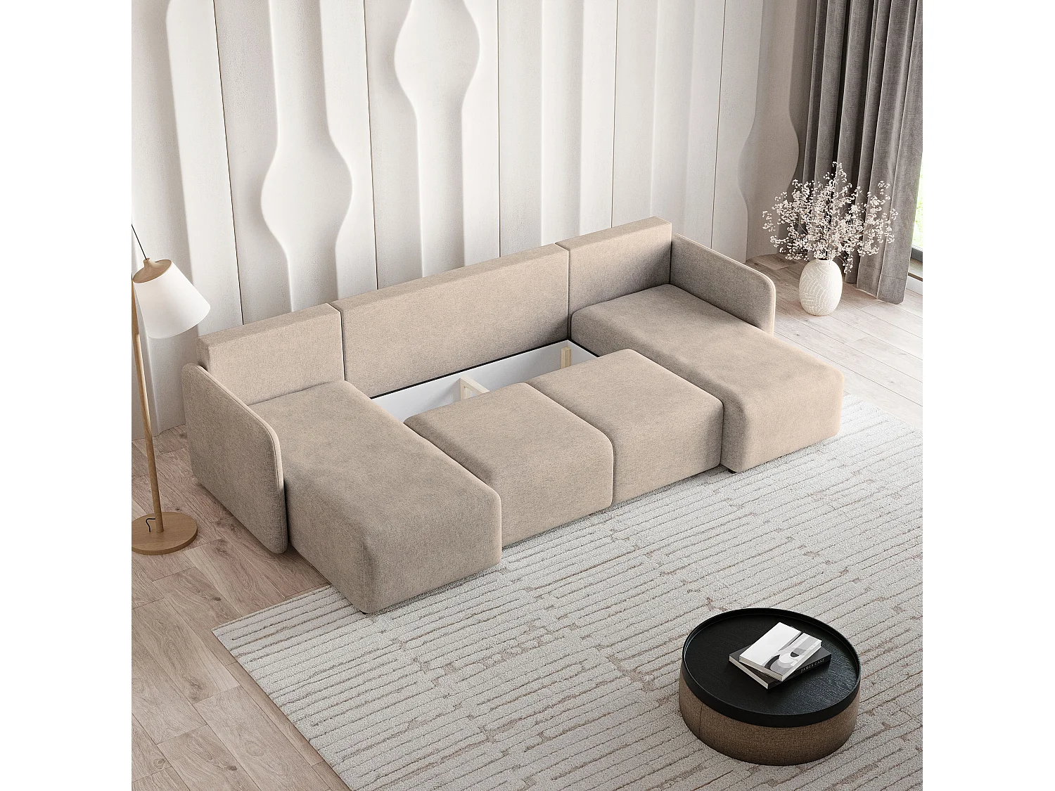 Canapé d'angle NUBERO en velours avec fonction couchage Beige