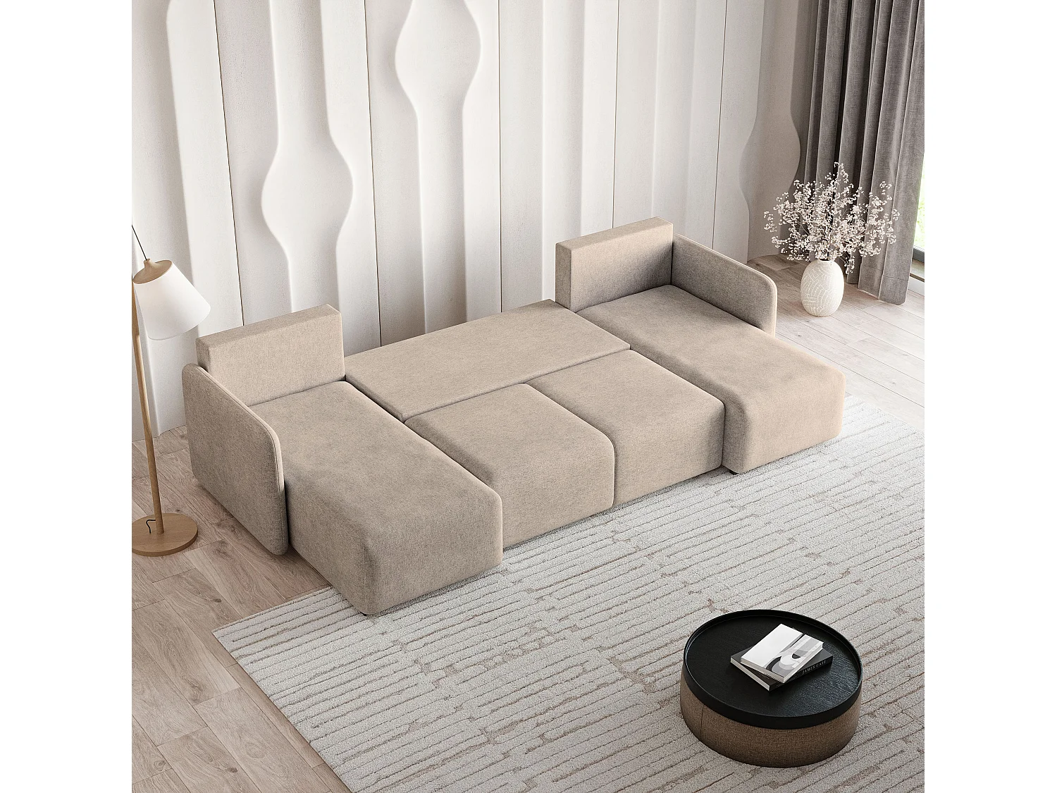 Canapé d'angle NUBERO en velours avec fonction couchage Beige