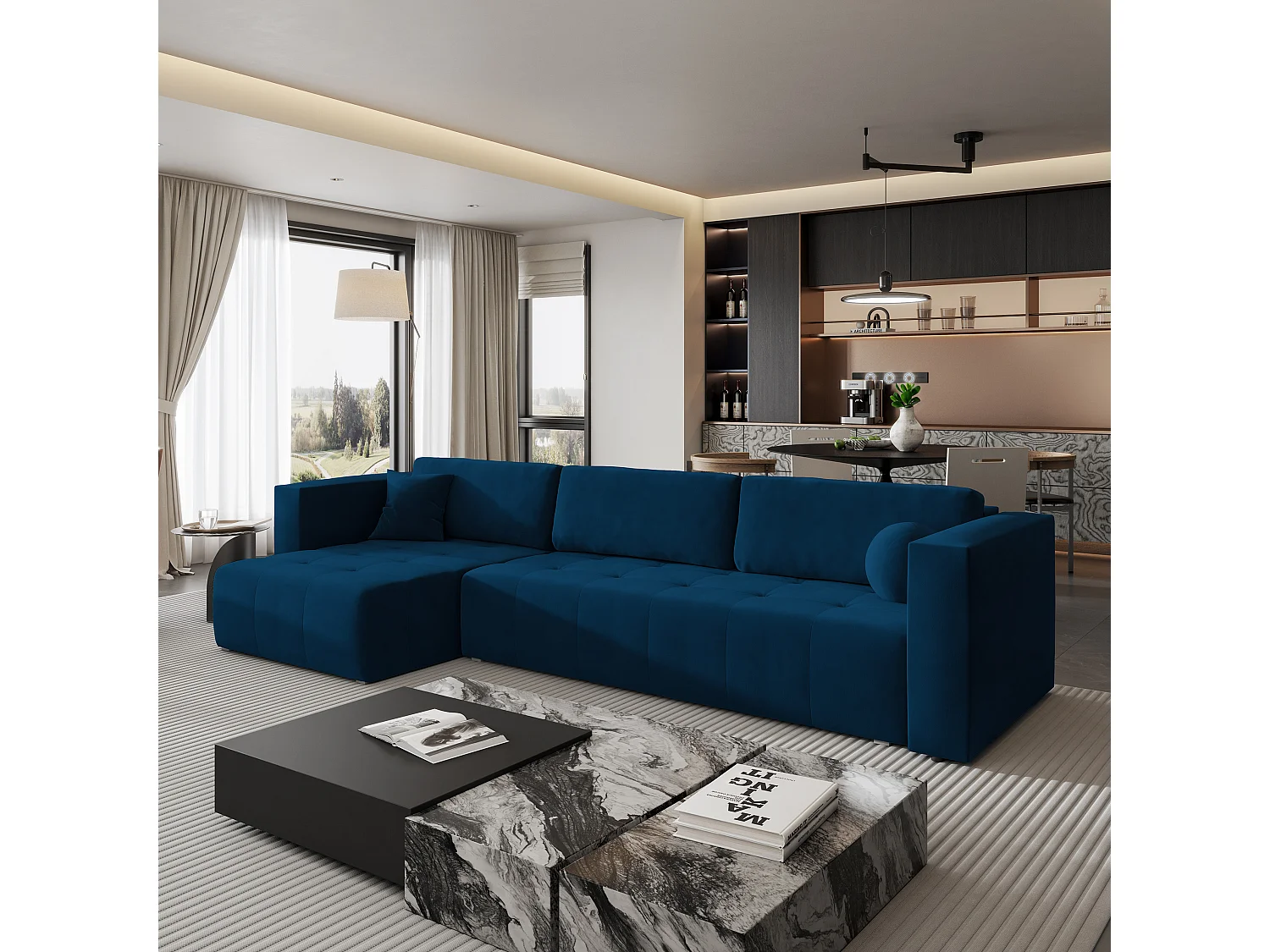 Canapé d'angle OLVERA en velours avec fonction couchage Bleu
