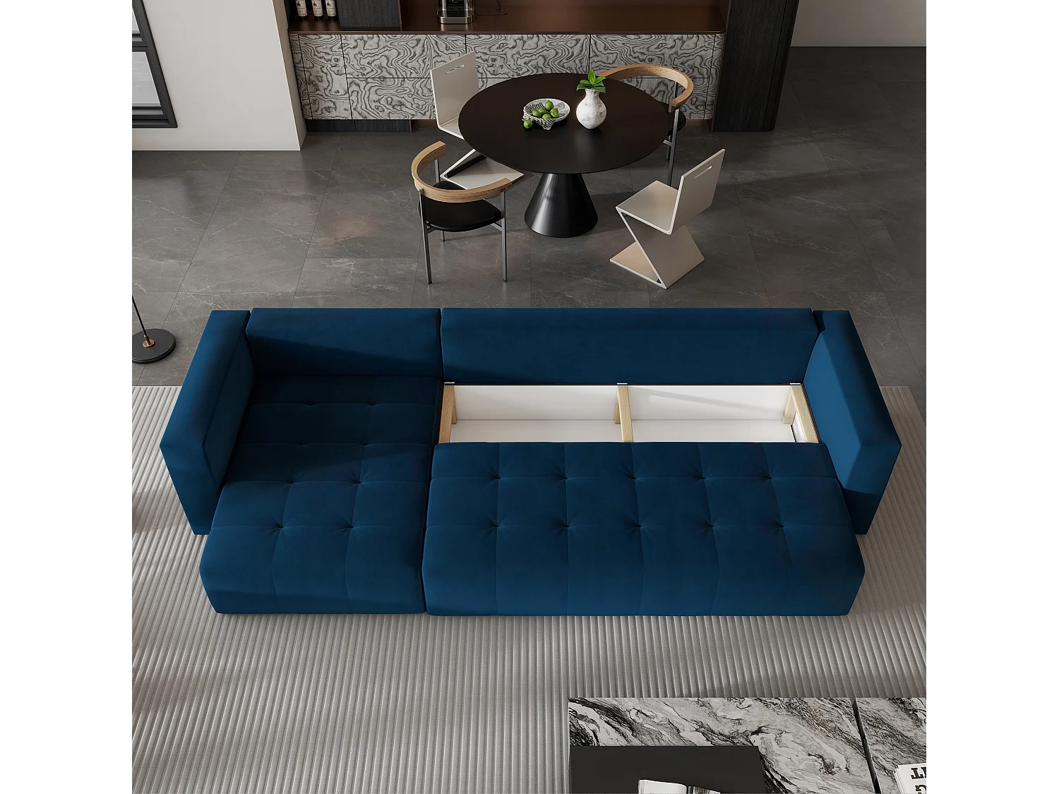 Canapé d'angle OLVERA en velours avec fonction couchage Bleu