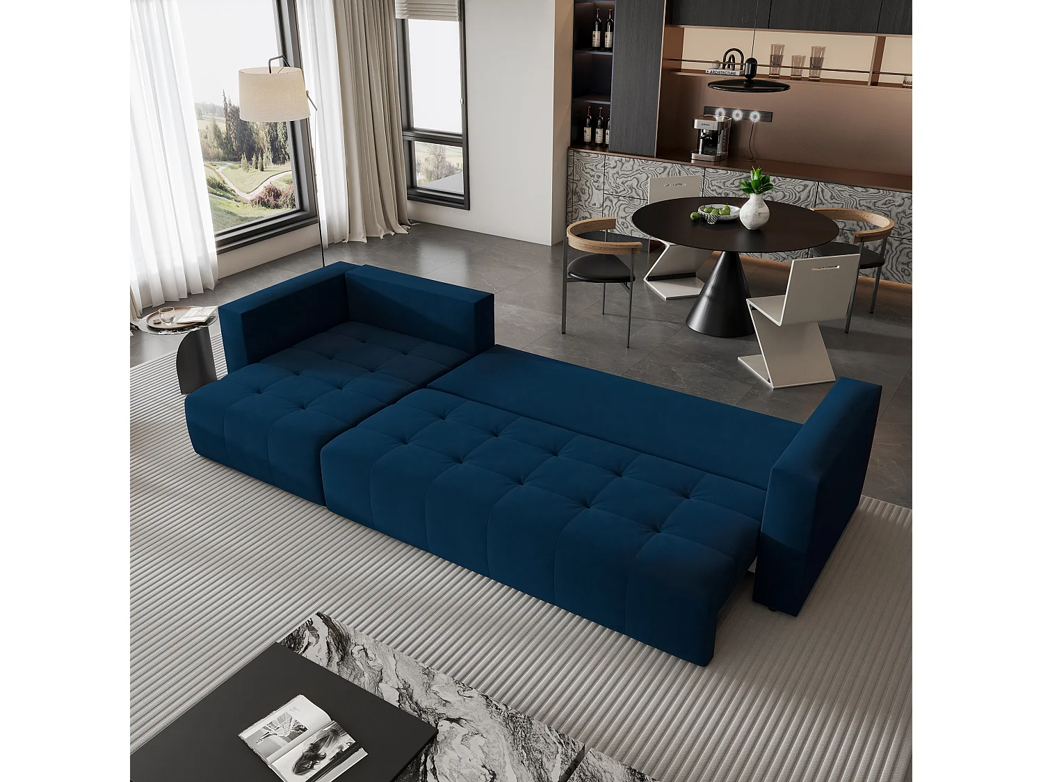 Canapé d'angle OLVERA en velours avec fonction couchage Bleu