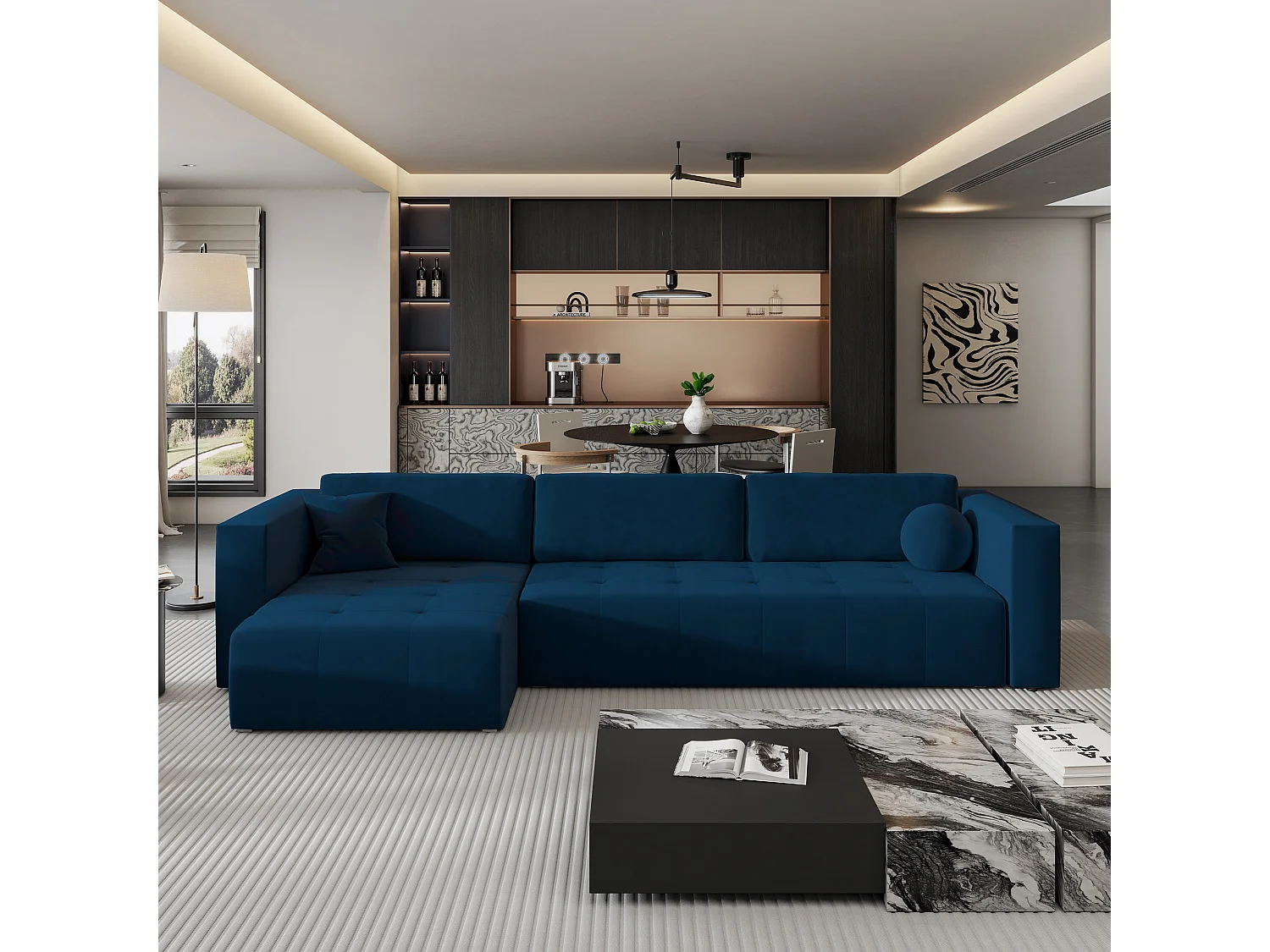 Canapé d'angle OLVERA en velours avec fonction couchage Bleu