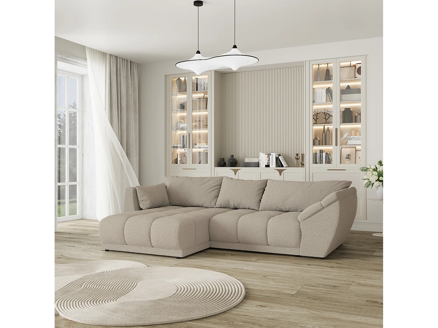 Canapé d'angle ORENTI en velours avec fonction couchage Beige