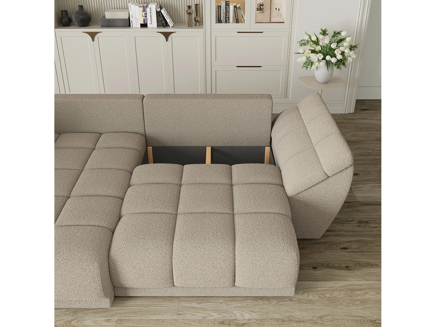 Canapé d'angle ORENTI en velours avec fonction couchage Beige