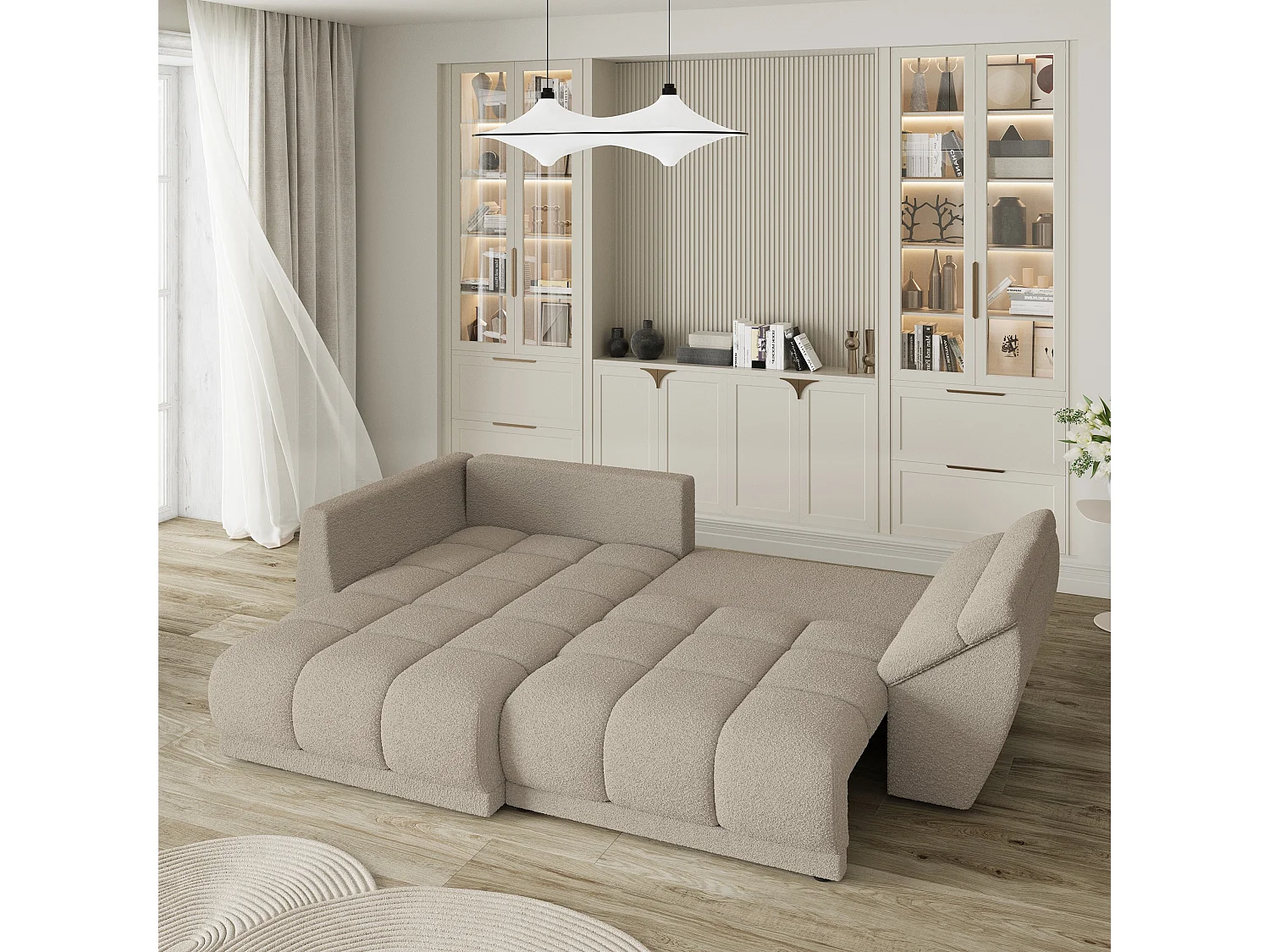 Canapé d'angle ORENTI en velours avec fonction couchage Beige