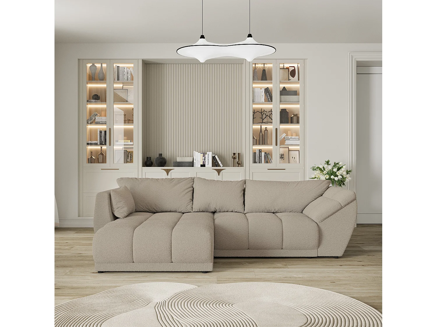 Canapé d'angle ORENTI en velours avec fonction couchage Beige
