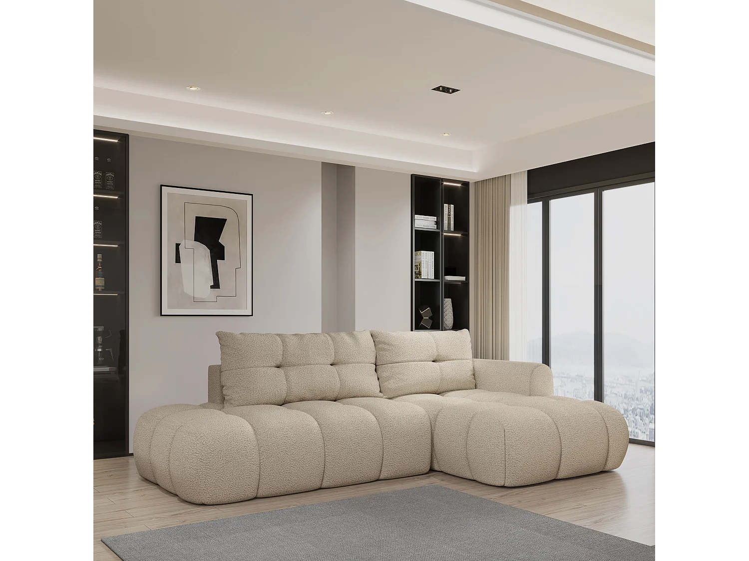 Hoekbank FLUMA van fluweel met slaapfunctie Beige