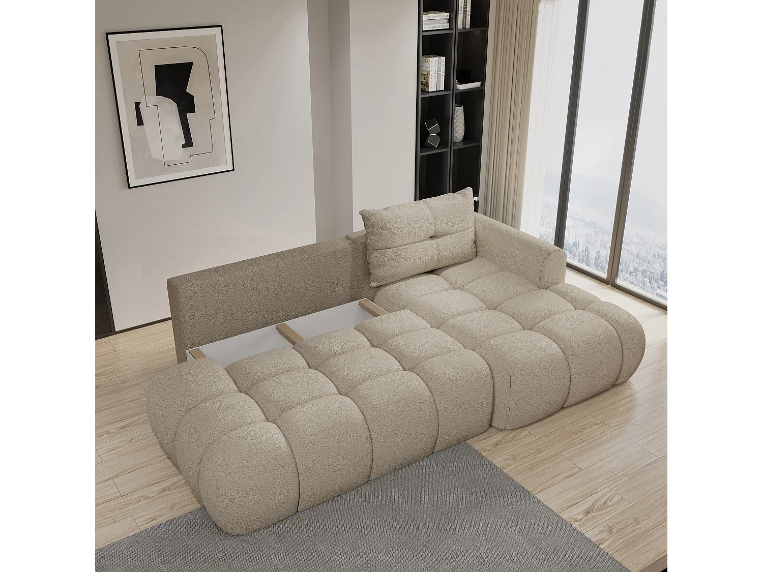 Hoekbank FLUMA van fluweel met slaapfunctie Beige