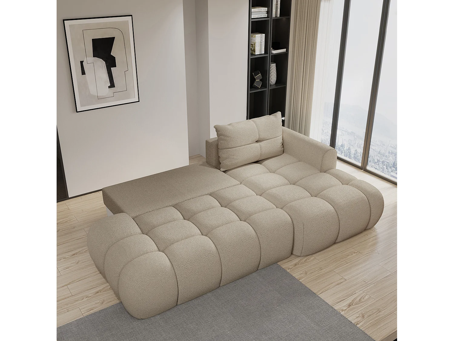 Hoekbank FLUMA van fluweel met slaapfunctie Beige