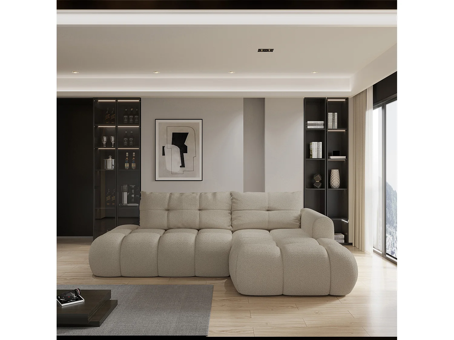 Hoekbank FLUMA van fluweel met slaapfunctie Beige
