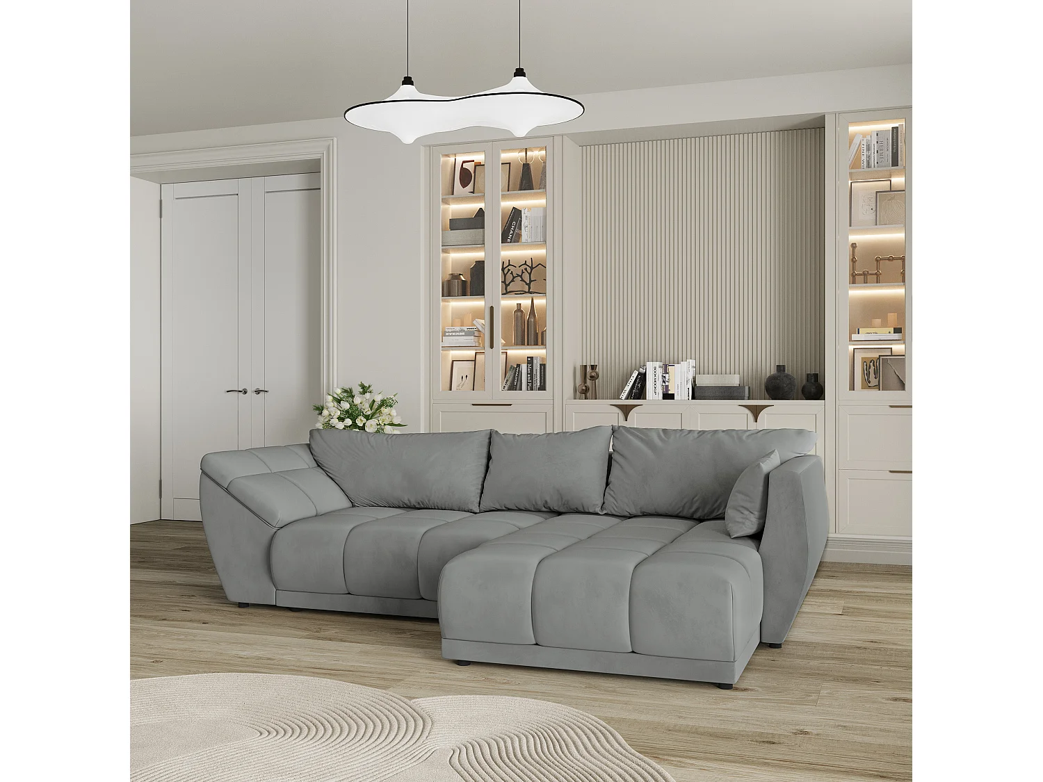 Canapé d'angle ORENTI en velours avec fonction couchage Gris