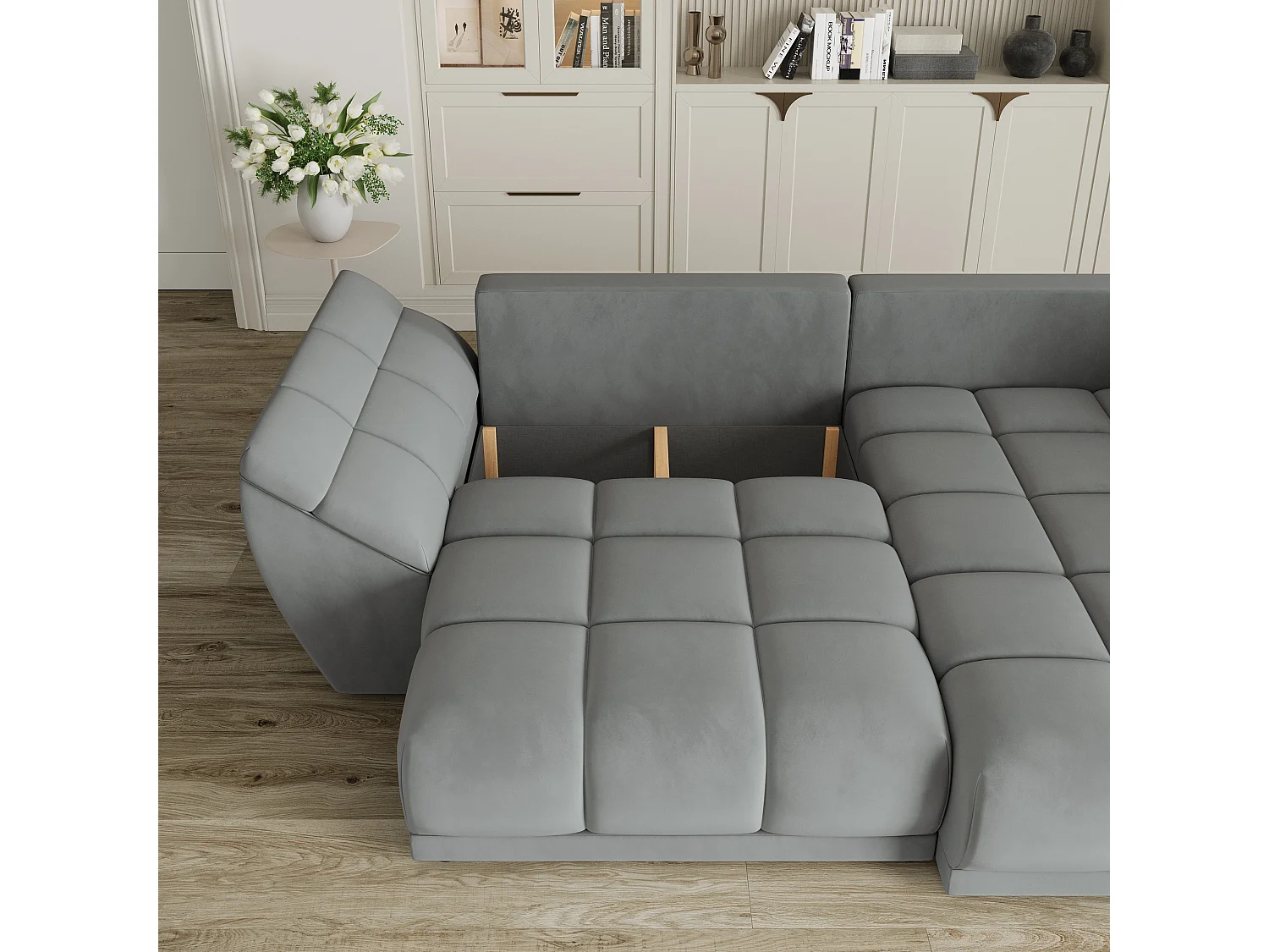 Canapé d'angle ORENTI en velours avec fonction couchage Gris