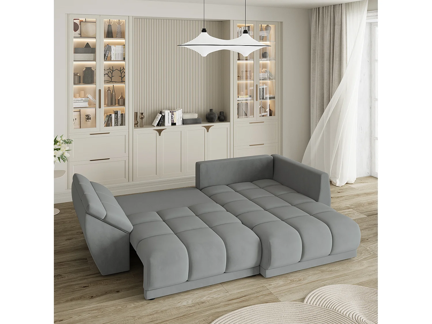 Canapé d'angle ORENTI en velours avec fonction couchage Gris