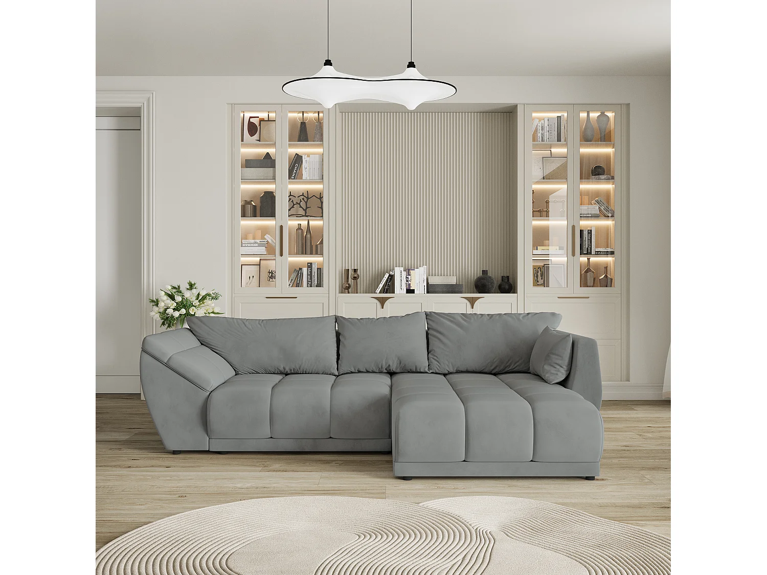 Canapé d'angle ORENTI en velours avec fonction couchage Gris