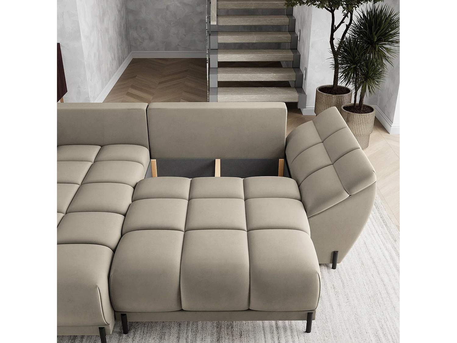 Hoekbank VESTANO van fluweel met slaapfunctie Beige
