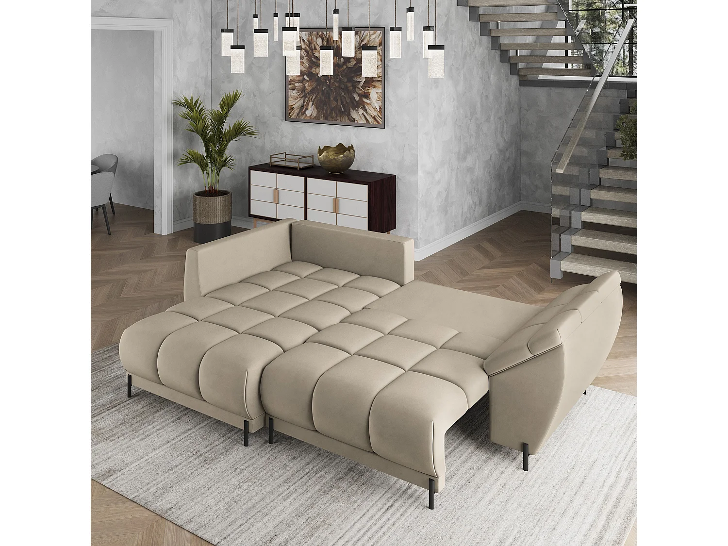 Hoekbank VESTANO van fluweel met slaapfunctie Beige