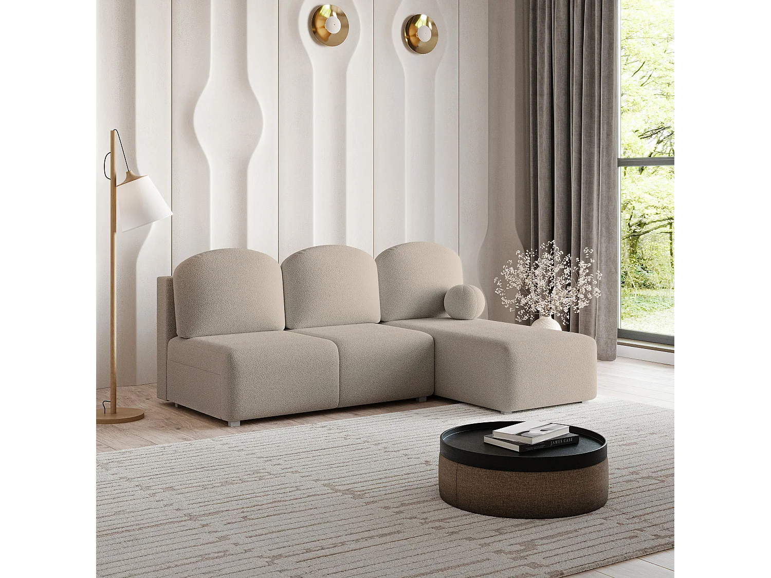 Canapé d'angle TRAMA en velours avec fonction couchage Beige