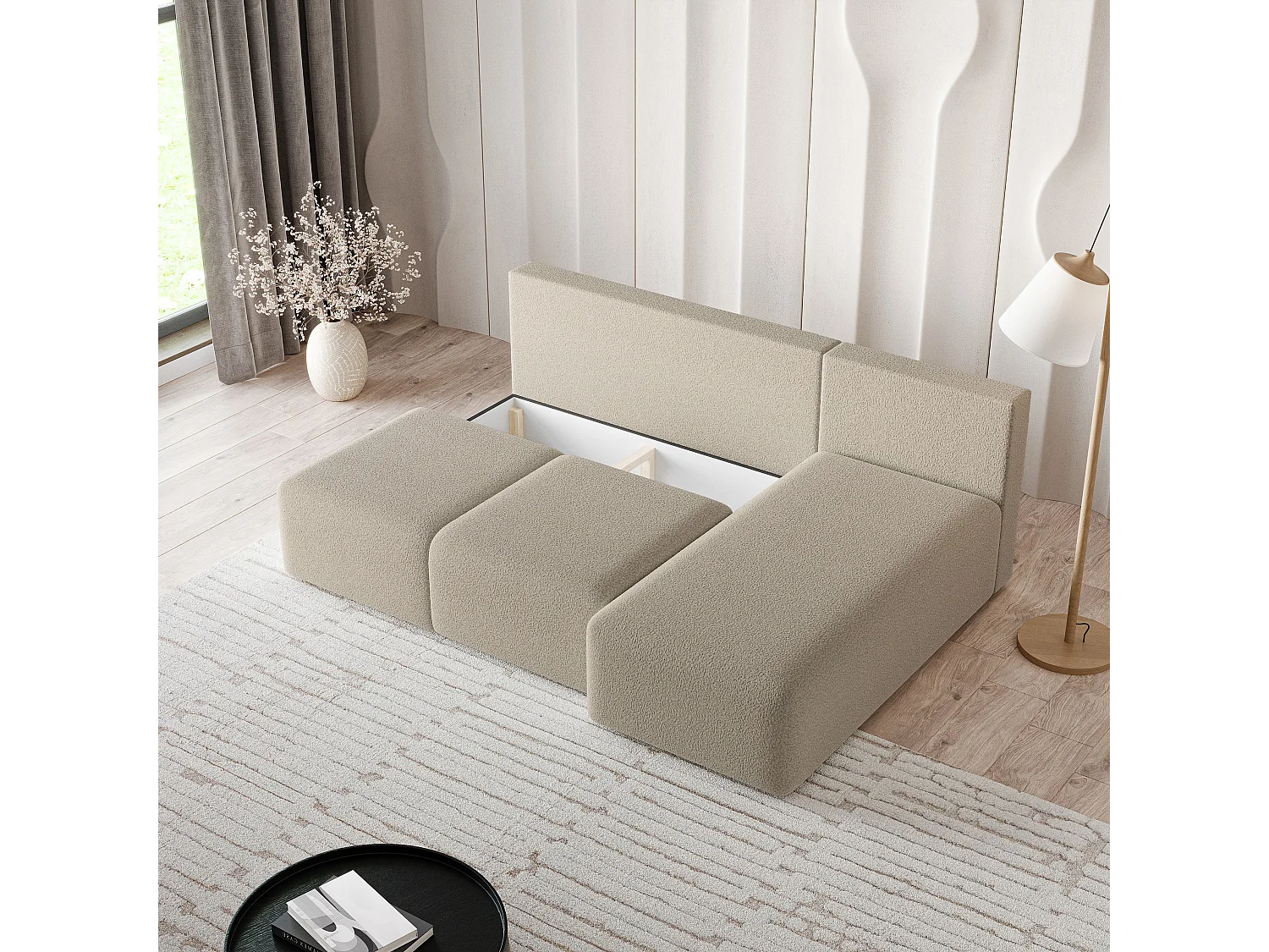 Canapé d'angle TRAMA en velours avec fonction couchage Beige