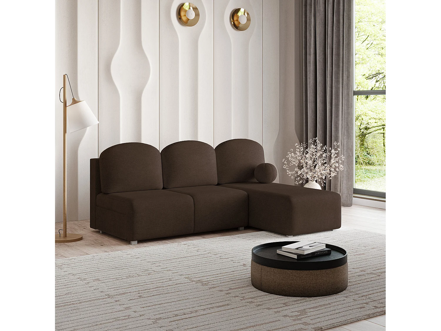 Canapé d'angle TRAMA en velours avec fonction couchage Marron